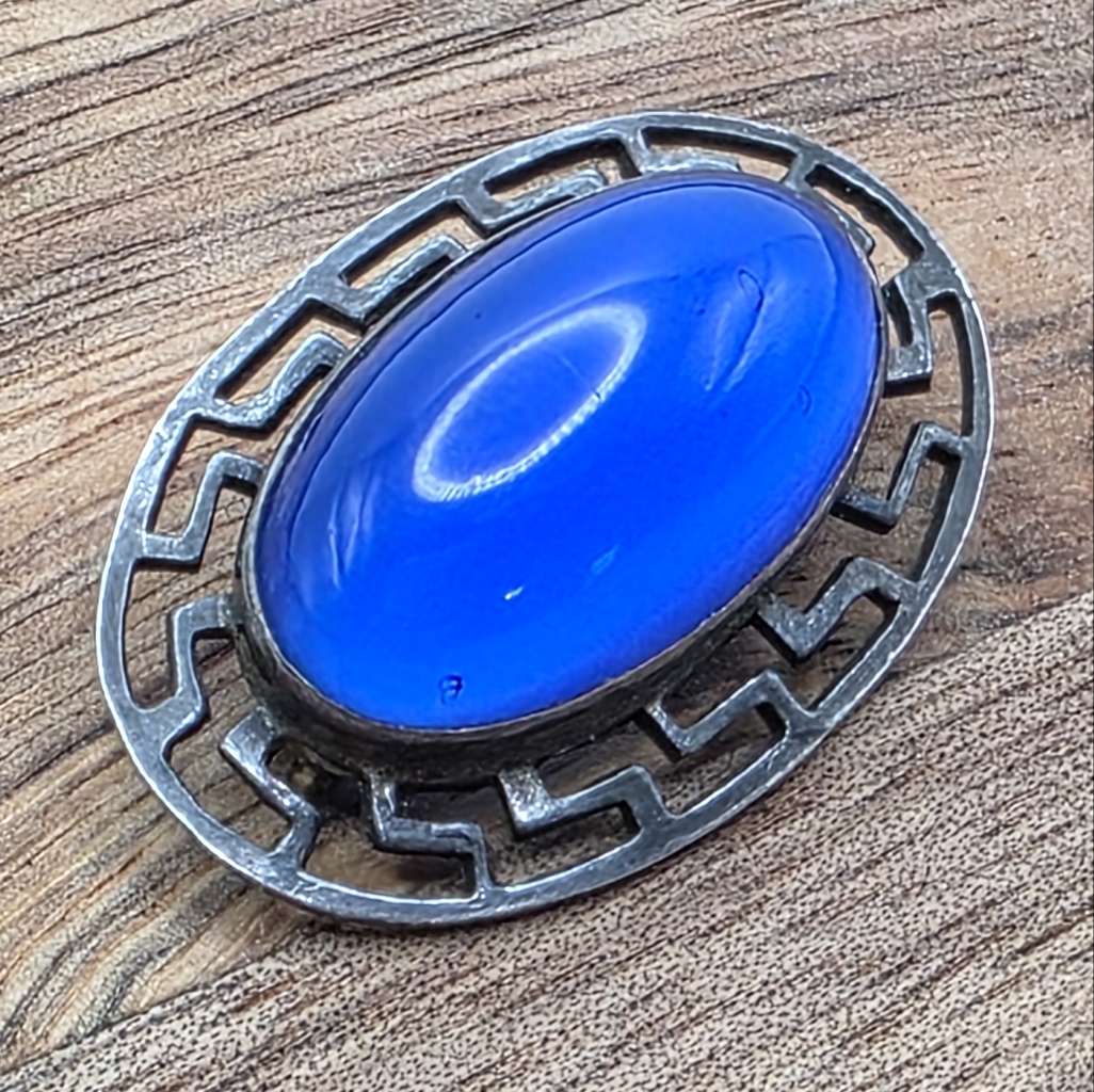 Vintage Sterling Silver Blue Moonstone Moonglow Art Glass Estate Brooch Pin